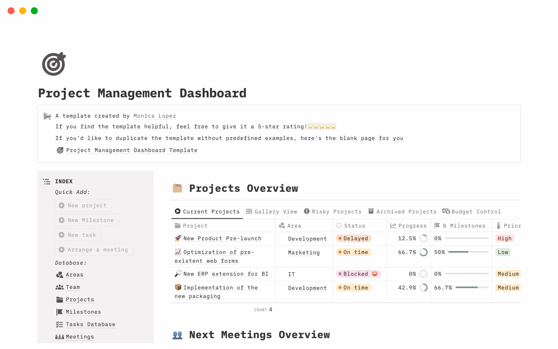 A Notion project dashboard shows a shared view of current projects, status labels, progress bars, and next meetings.