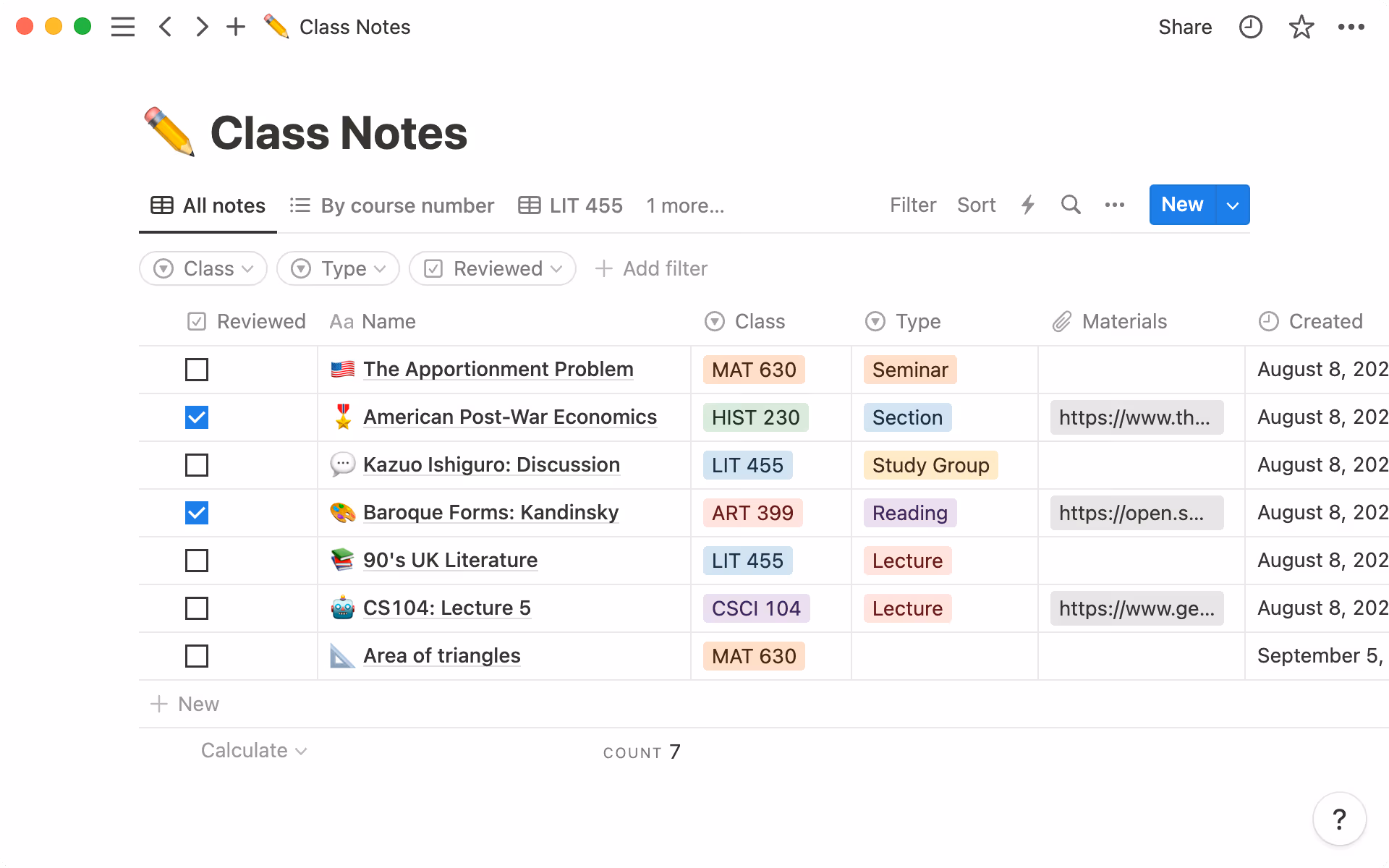 Organize and label all your class notes in a single database.