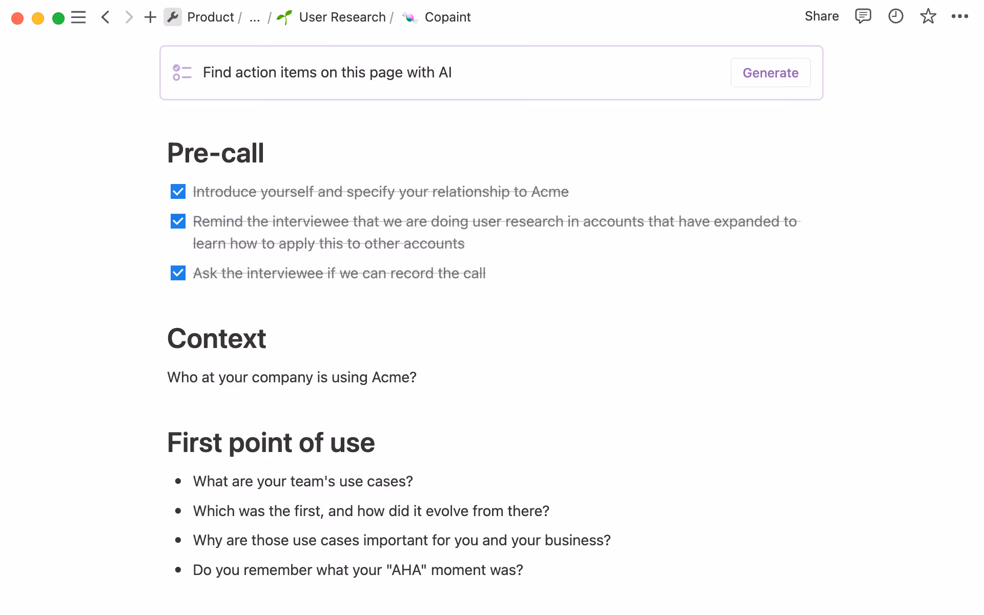 Add an Action items block to extract tasks to do from a user research page.