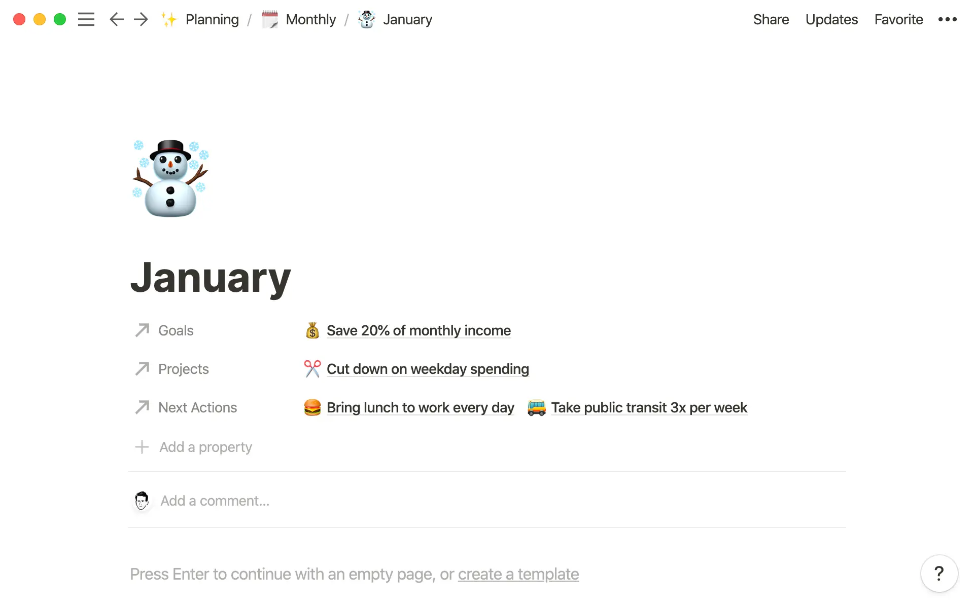 Create separate databases for months and quarters, allowing you to plan your goals, projects, and next actions granularly.