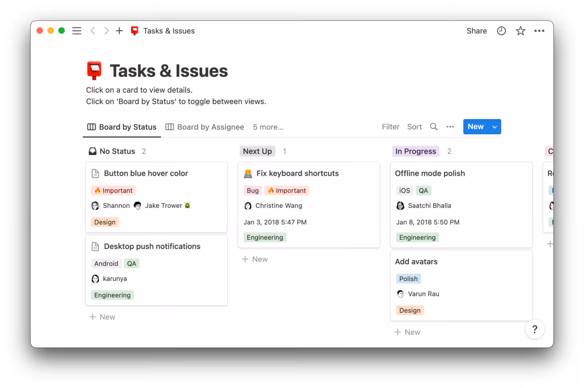 A Notion template that shows tasks and issues on a Kanban board