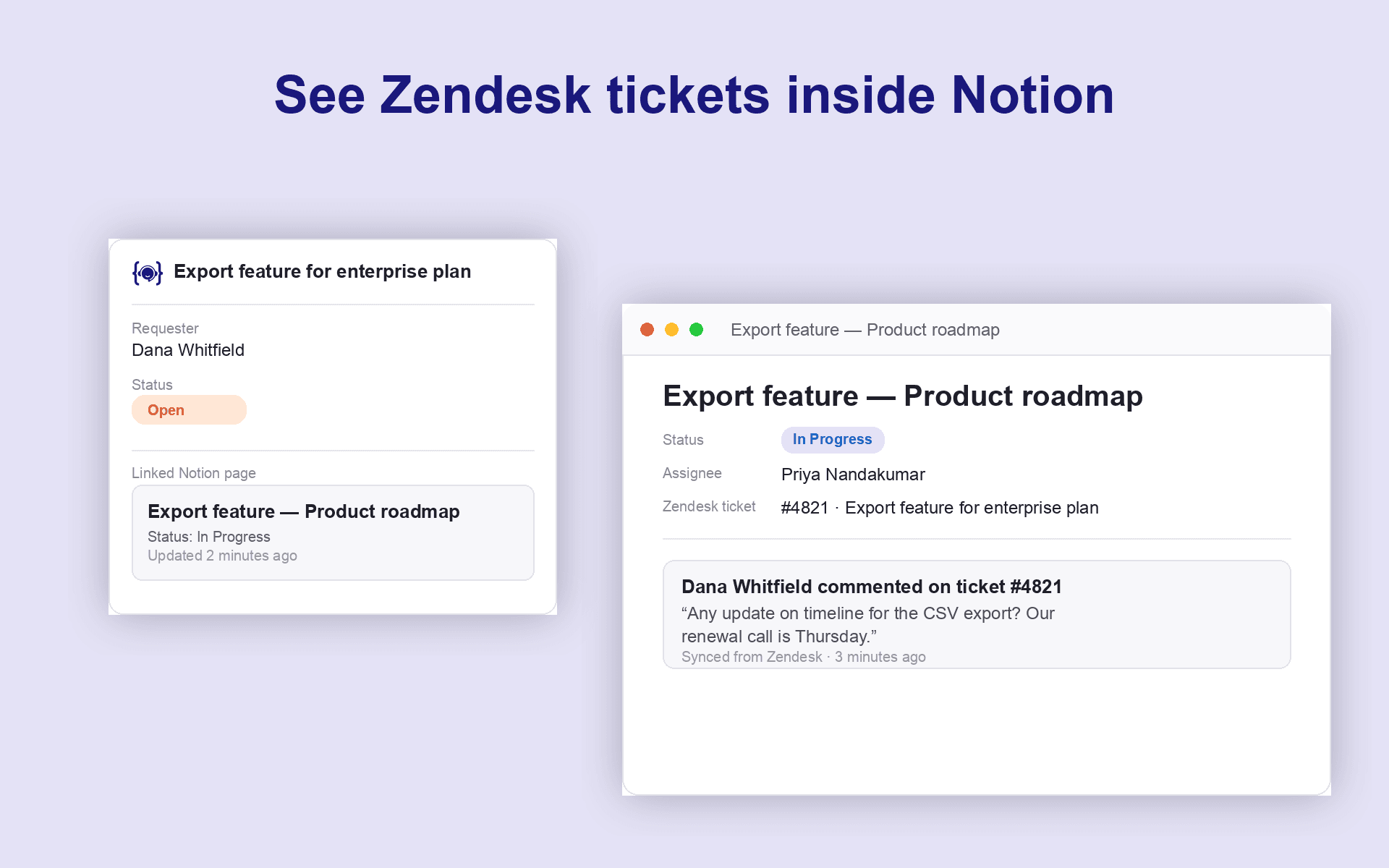 Sync Zendesk tickets to Notion database pages and project docs.