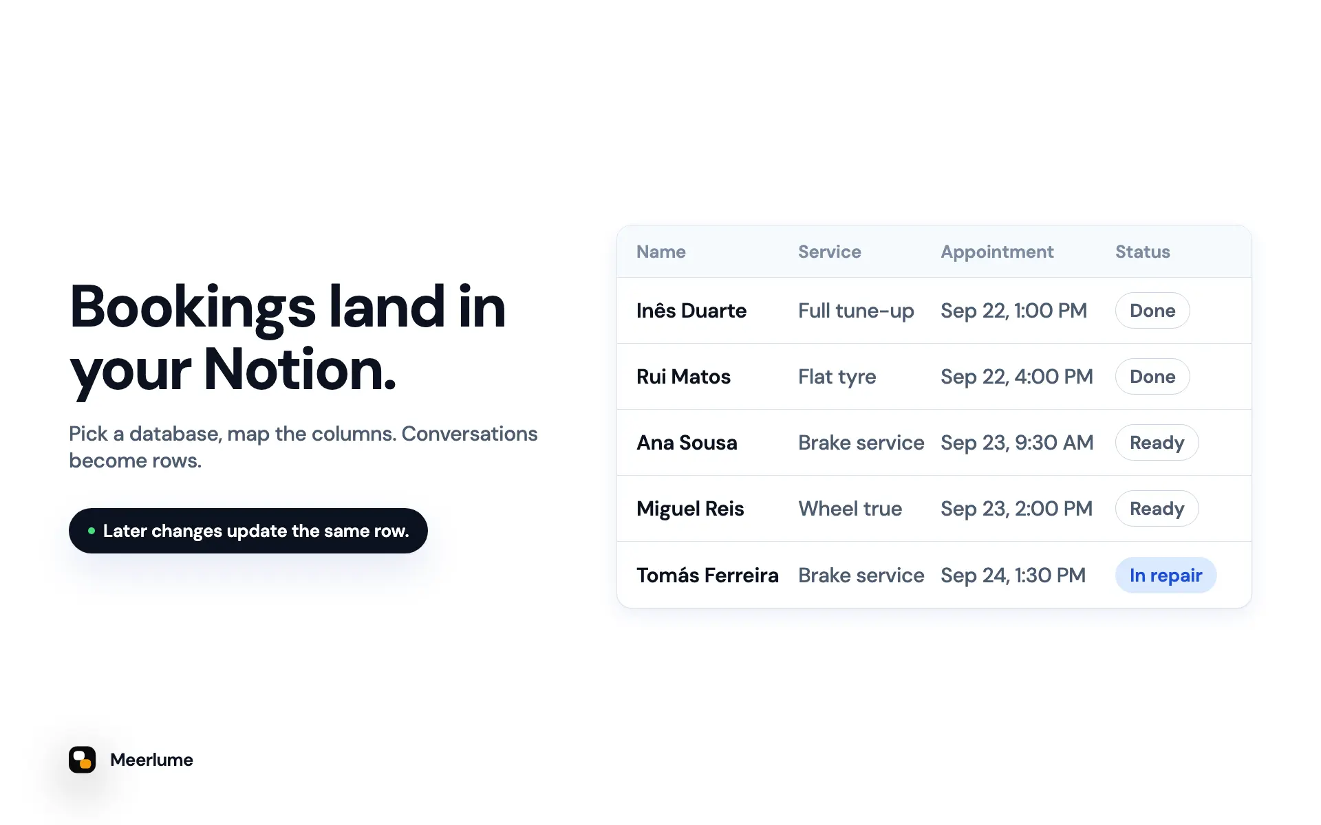 Turn every chat booking, lead or order into a row in your Notion database.