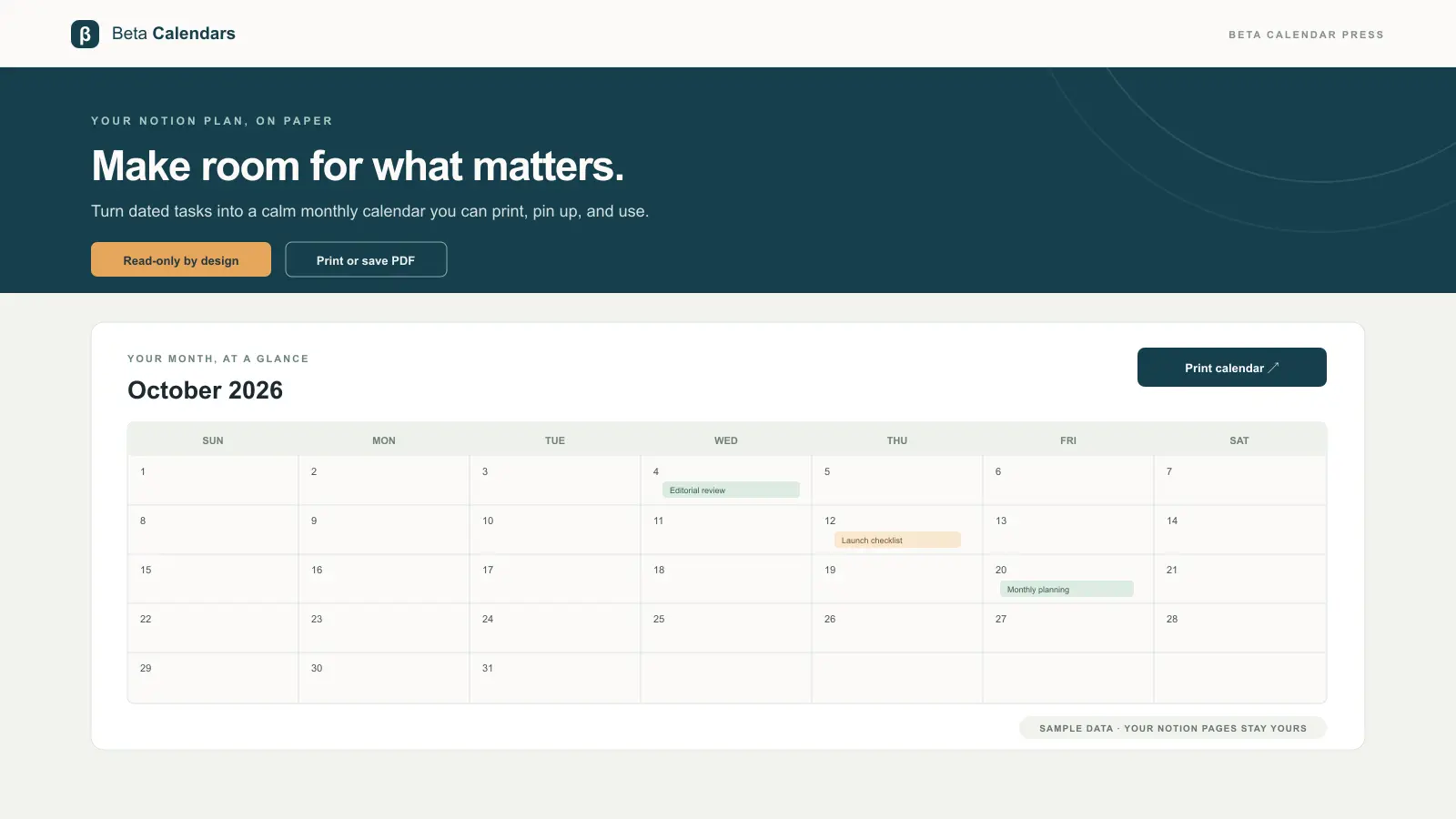 Print your Notion tasks as a monthly calendar.